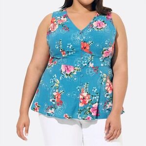 Torrid Blue Floral‎ Sleeveless V-Neck Button Front Peplum Top Plus Size 2X